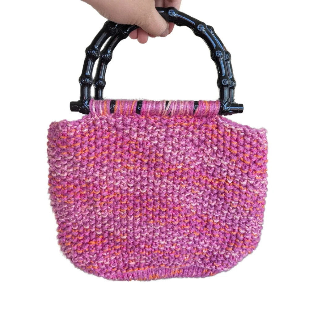 Handmade Crochet Pink/Orange Purse 90s Y2K Black Handles Tie Dye Interior